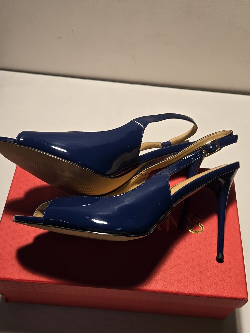 WAYDERNS Patent Leather Navy Slingback Peep-Toe Heels